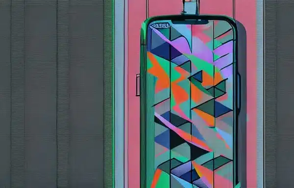 Smartphone com a tela ligada exibindo um papel de parede colorido com formas geométricas em tons de rosa, verde, azul e laranja, sobre uma superfície listrada.
