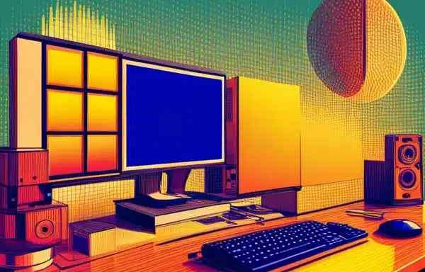 Ilustração de uma mesa de computador com vários monitores, teclado, mouse e alto-falantes. O estilo é vibrante com cores quentes como amarelo e laranja.