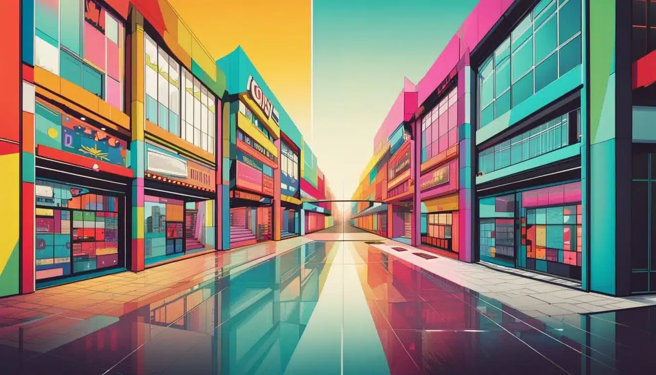 Rua com edifícios coloridos de ambos os lados