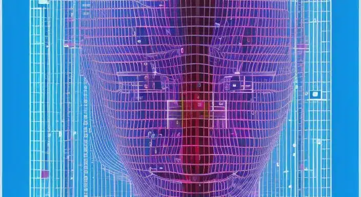 Renderização 3D de um rosto humano feito de placas de circuito em um fundo azul