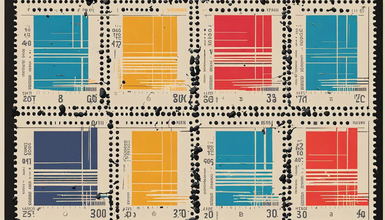 Série de selos postais coloridos com códigos de barras