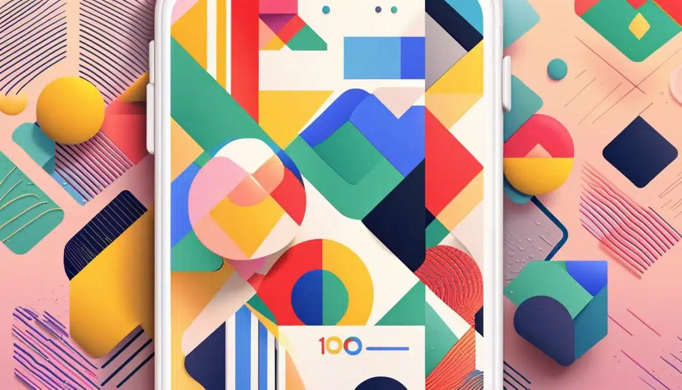 Close-up de um smartphone com um padrão geométrico colorido na tela