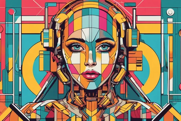 Imagem de uma mulher com uma cabeça robótica em um fundo colorido