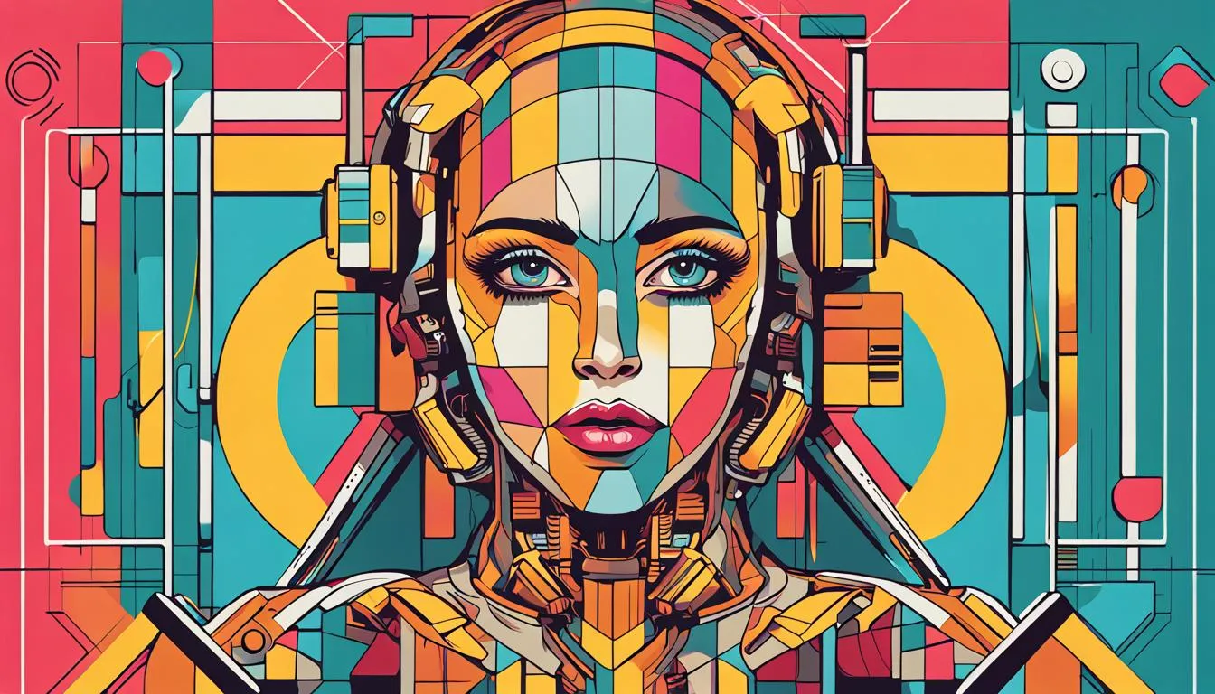 Imagem de uma mulher com uma cabeça robótica em um fundo colorido