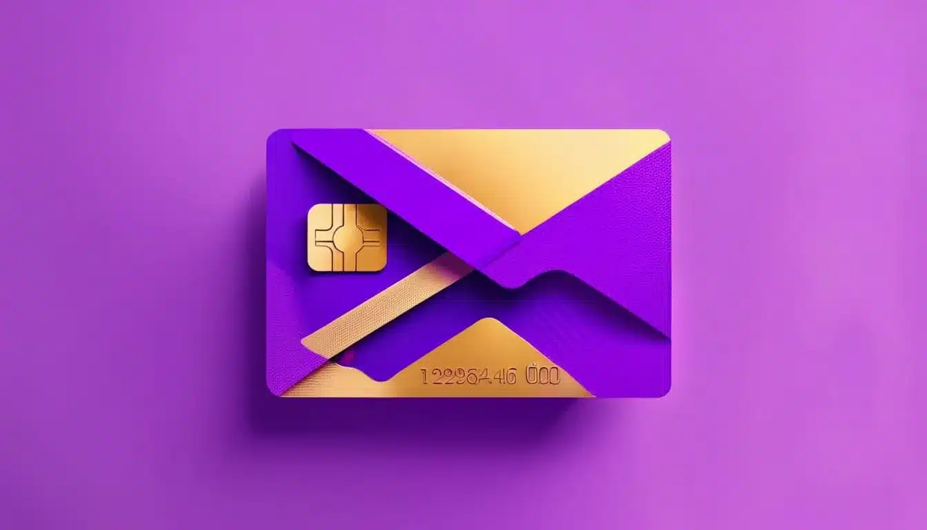 Cartão de crédito Nubank roxo e dourado com fundo roxo