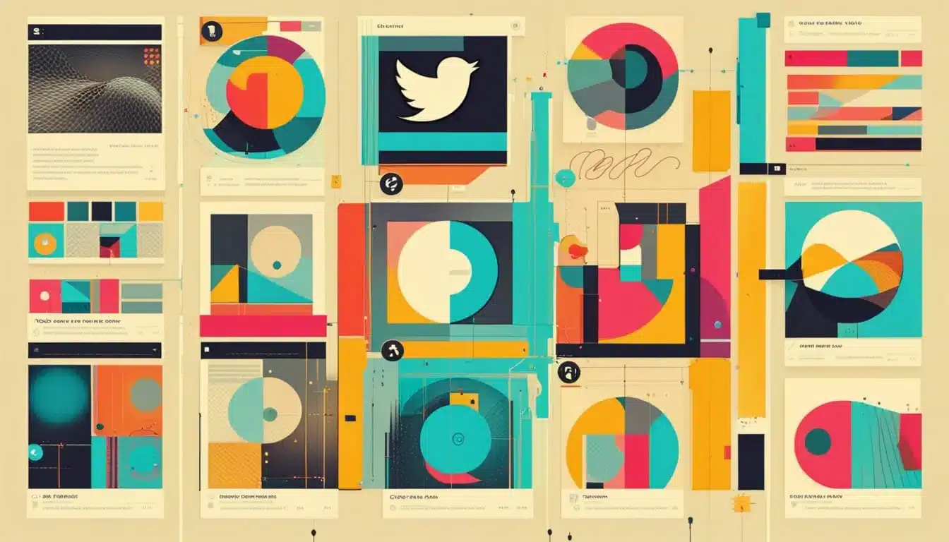 Colagem de formas geométricas coloridas e ícone do Twitter em um fundo branco.