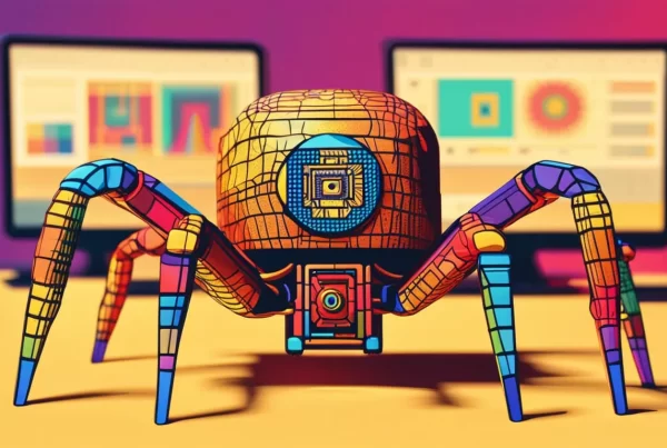 Aranha colorida na frente de dois monitores de computador