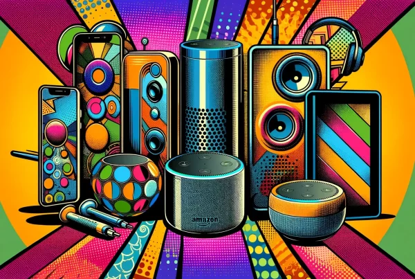 Conjunto de alto-falantes e telefones inteligentes com o logotipo da Amazon