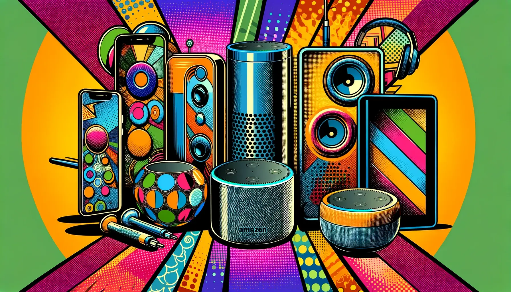 Conjunto de alto-falantes e telefones inteligentes com o logotipo da Amazon
