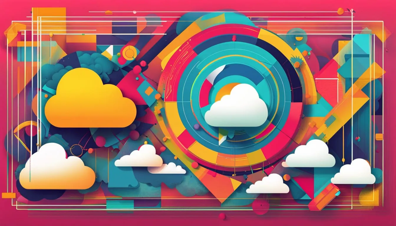 Ilustração de nuvens e círculos em um fundo colorido