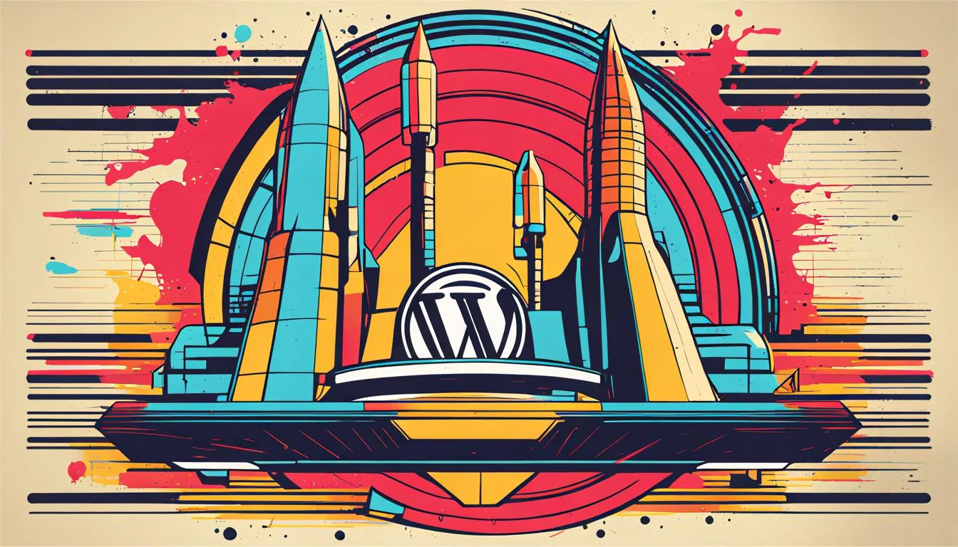 Cidade futurista com foguetes e logotipo do WordPress