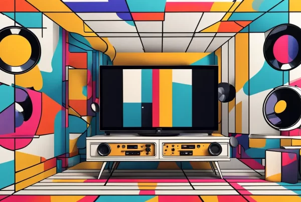 TV digital com alto-falantes em fundo abstrato com formas geométricas coloridas