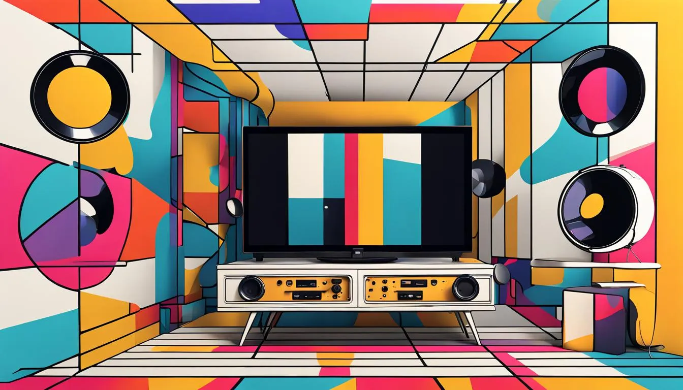 TV digital com alto-falantes em fundo abstrato com formas geométricas coloridas
