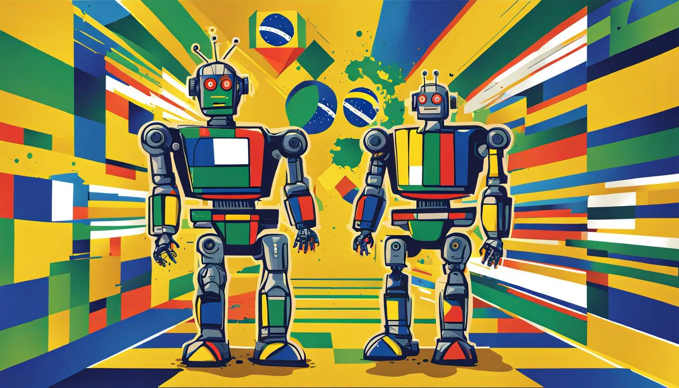 Imagem de dois robôs coloridos em pé um ao lado do outro com uma bandeira do Brasil ao fundo