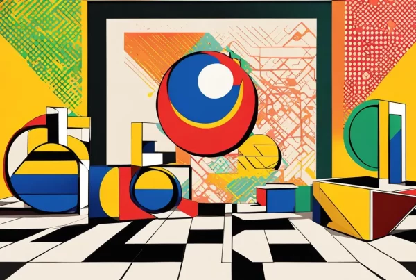 Imagem de um quadro de formas geométricas em um piso quadriculado