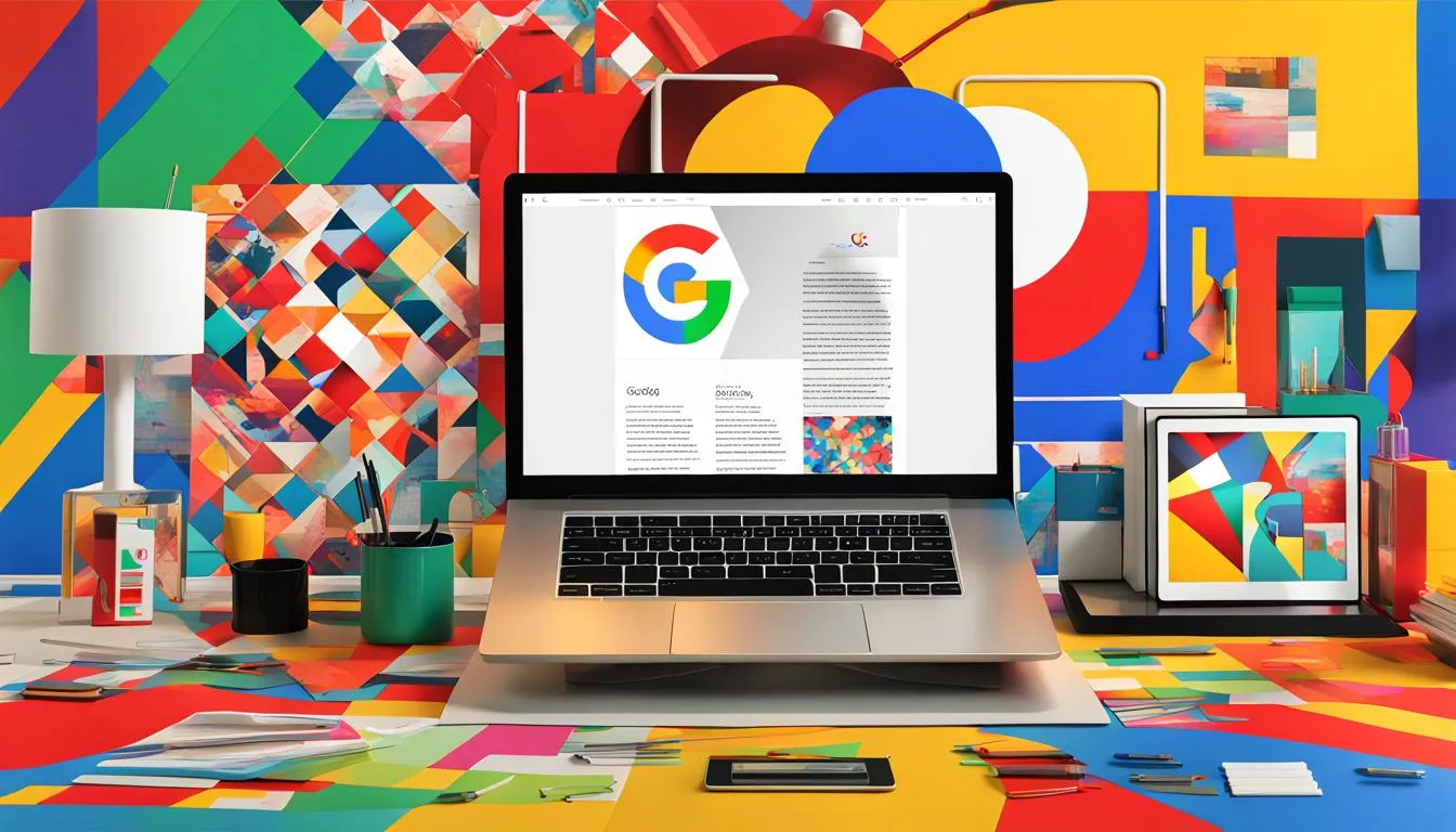 Laptop navegando num website em cima de uma mesa com uma parede colorida ao fundo