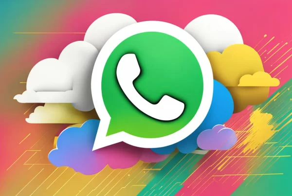 Logotipo do aplicativo de mensagens WhatsApp em um fundo colorido com nuvens