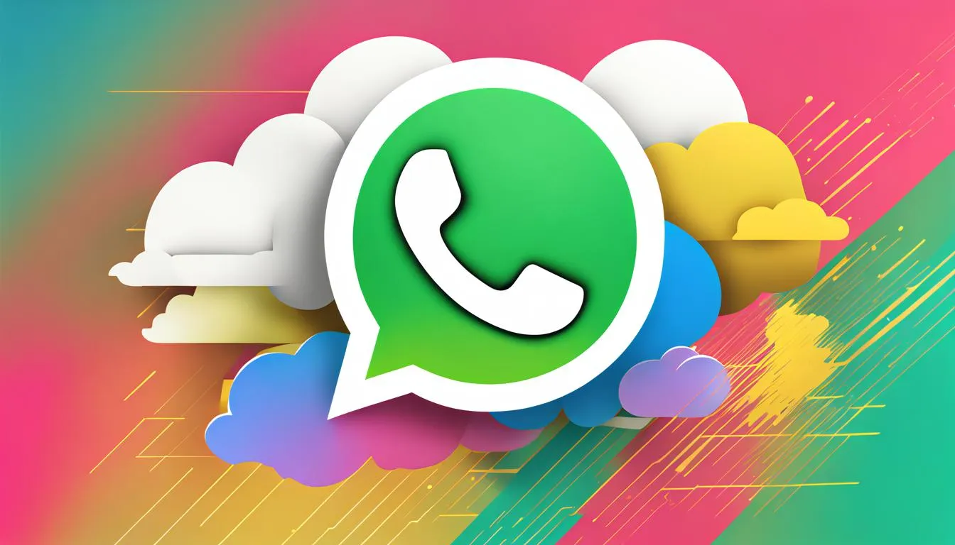 Logotipo do aplicativo de mensagens WhatsApp em um fundo colorido com nuvens