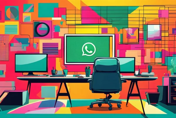 Espaço de trabalho com mesas, cadeiras e telas com uma logo do WhatsApp no monitor principal