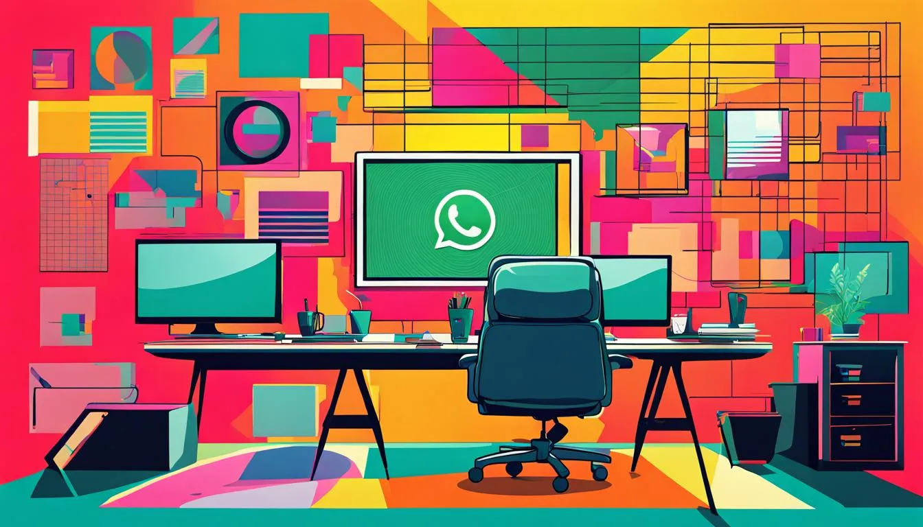 Espaço de trabalho com mesas, cadeiras e telas com uma logo do WhatsApp no monitor principal