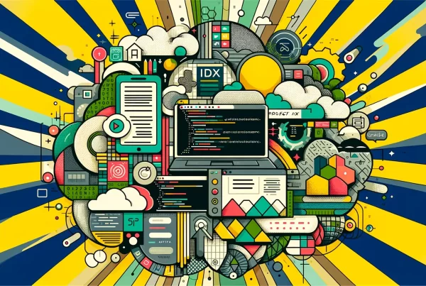 Elementos de desenvolvimento de software e tecnologia com ícones de nuvens, janelas de interface de aplicativos e linhas de código de programação