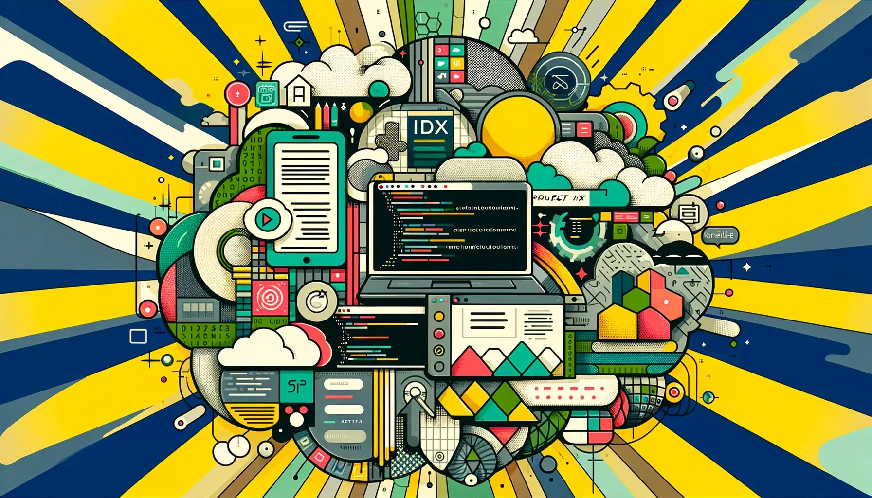 Elementos de desenvolvimento de software e tecnologia com ícones de nuvens, janelas de interface de aplicativos e linhas de código de programação