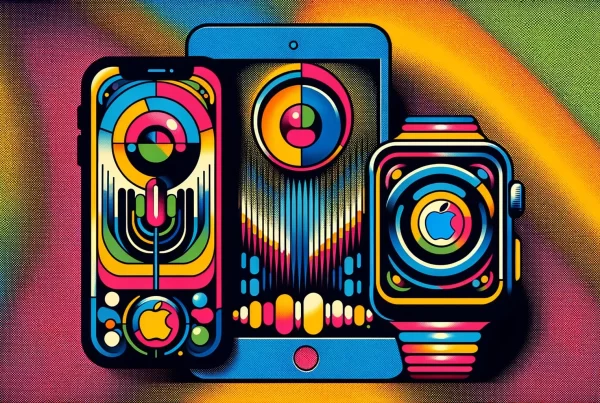 iPhone, iPad e Apple Watch exibindo imagens abstratas na tela em fundo colorido