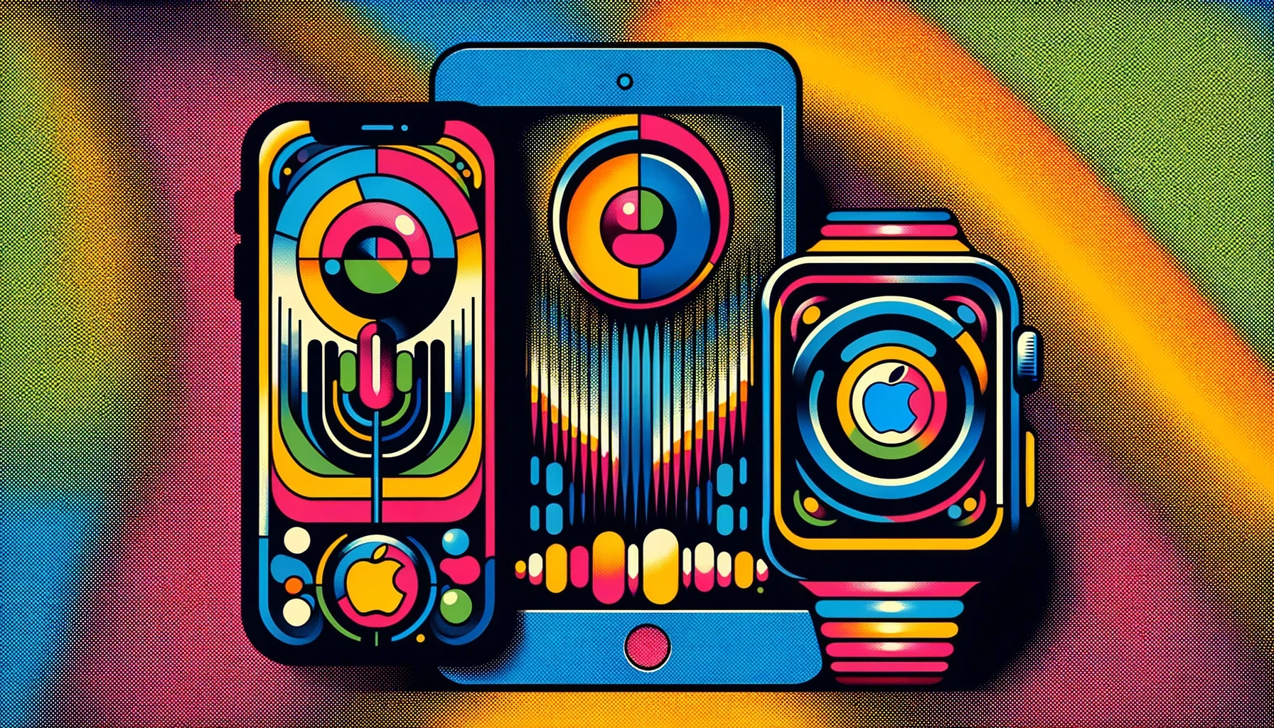 iPhone, iPad e Apple Watch exibindo imagens abstratas na tela em fundo colorido