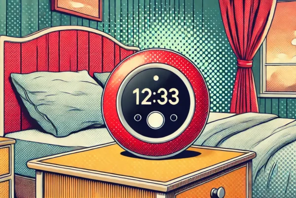 Um relógio vermelho mostra 12:33 em uma mesa de cabeceira ao lado de uma cama em um quarto com cortinas vermelhas.