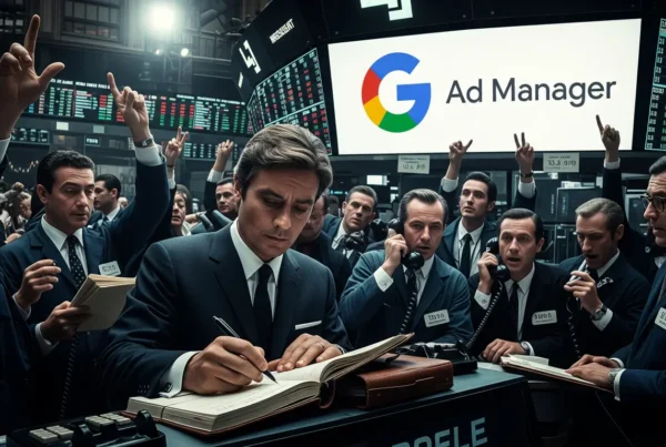 Uma multidão de profissionais em frente a um painel da Google Ad Manager, com foco na análise de dados.