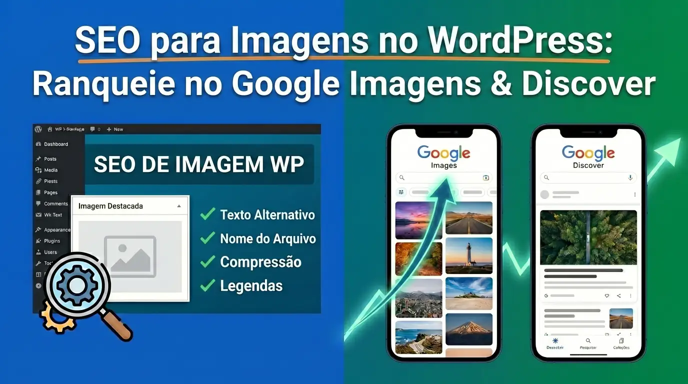 Ilustração de SEO para imagens no WordPress, mostrando o painel WP e resultados no Google Imagens e Discover.