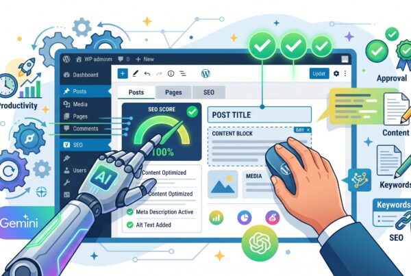 Ilustração de uma mão robótica de IA e uma mão humana trabalhando juntas em uma interface do WordPress para otimizar o SEO de um post, com um medidor de SEO em…
