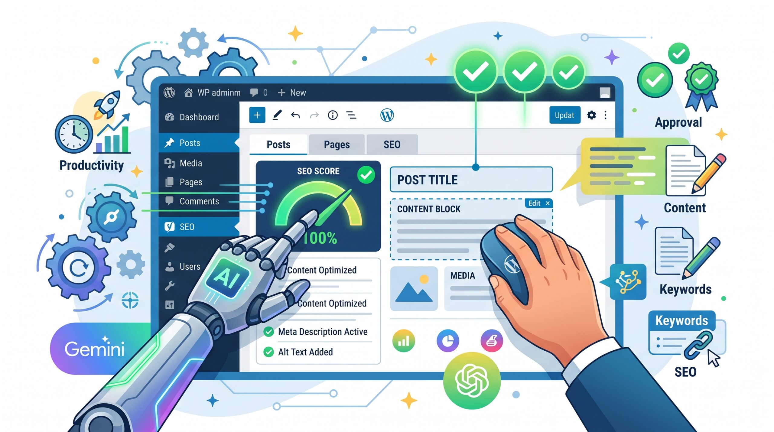 Ilustração de uma mão robótica de IA e uma mão humana trabalhando juntas em uma interface do WordPress para otimizar o SEO de um post, com um medidor de SEO em…