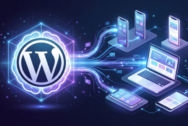 Ilustração do logo do WordPress dentro de um cérebro digital, enviando dados via APIs para um laptop, smartphones e um tablet, representando a arquitetura…