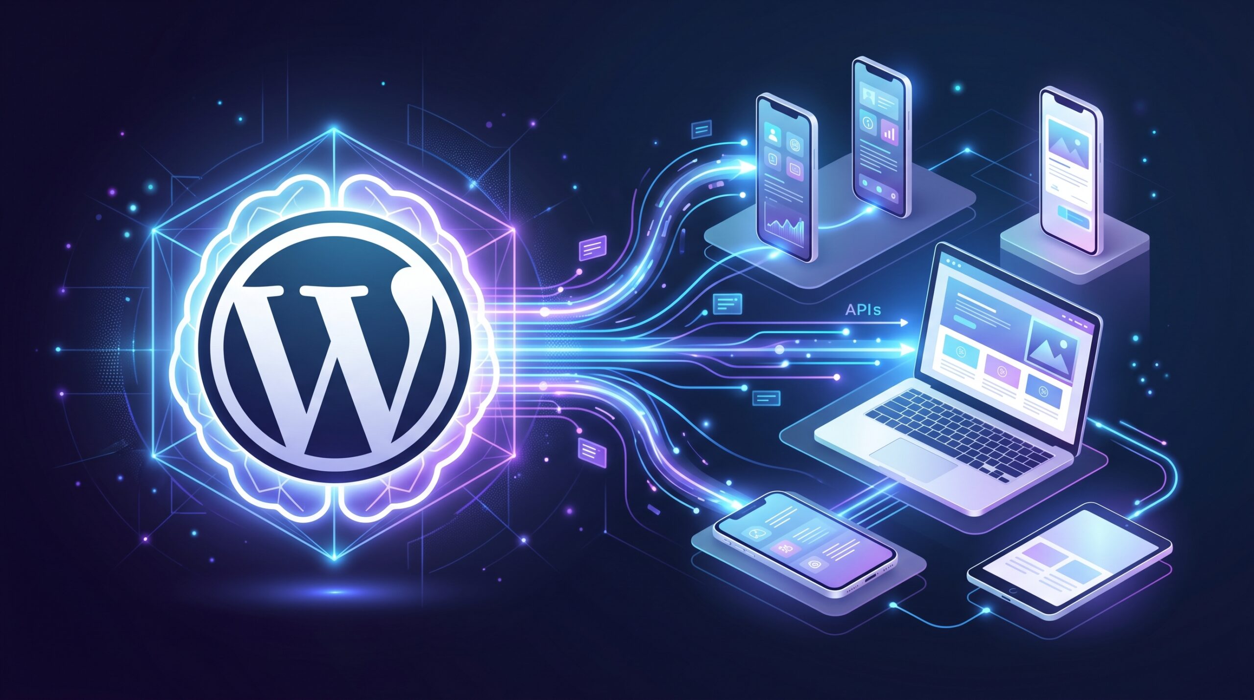 Ilustração do logo do WordPress dentro de um cérebro digital, enviando dados via APIs para um laptop, smartphones e um tablet, representando a arquitetura…