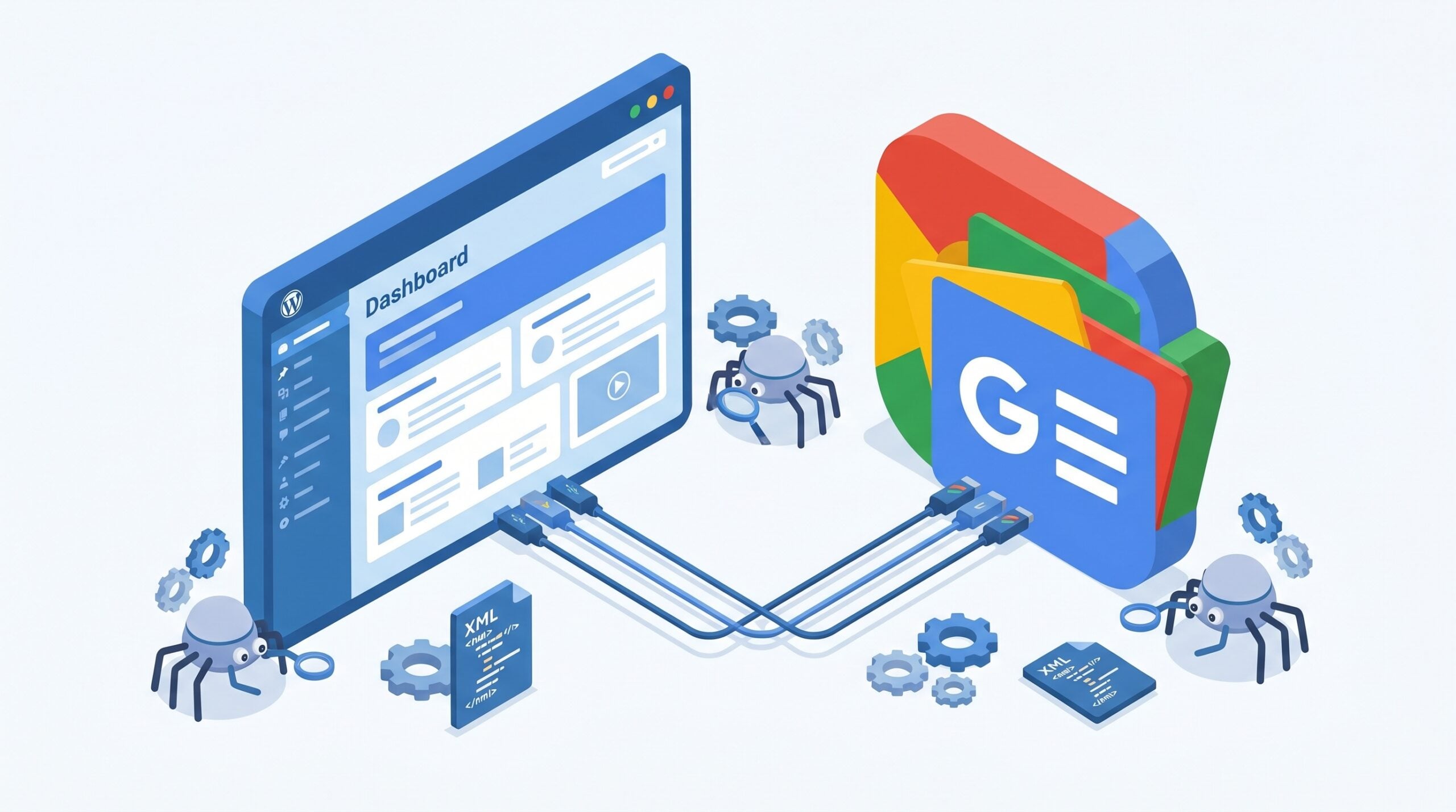 Ilustração isométrica de um painel do WordPress conectado ao Google Notícias por cabos, com robôs rastreadores e arquivos XML de sitemap.