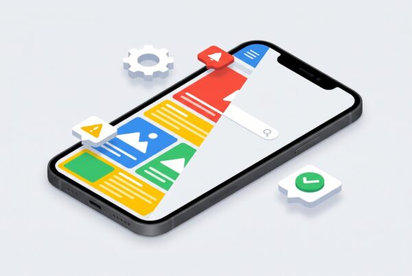 Smartphone isométrico exibindo uma interface de aplicativo colorida e uma versão wireframe, cercado por ícones de notificação, alerta, configurações e sucesso.