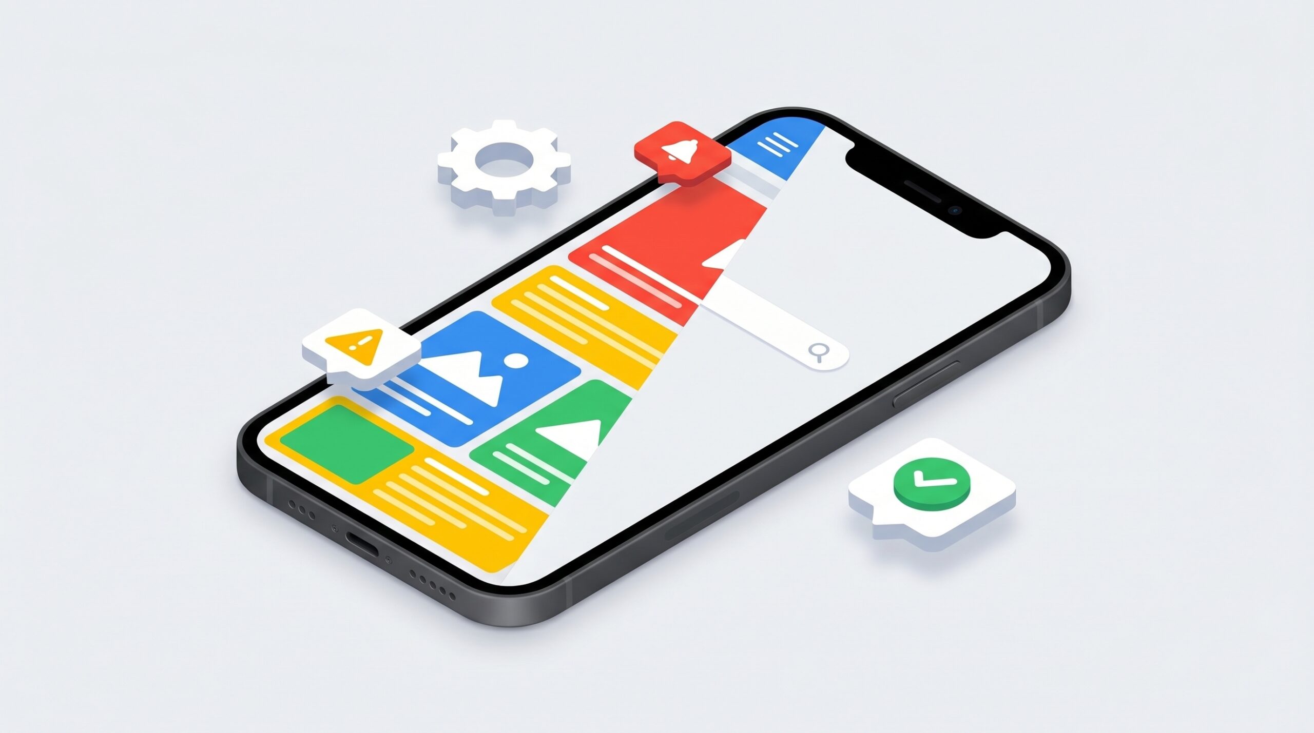 Smartphone isométrico exibindo uma interface de aplicativo colorida e uma versão wireframe, cercado por ícones de notificação, alerta, configurações e sucesso.