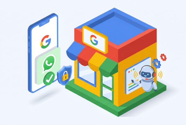 Ilustração isométrica de uma loja do Google Business com um chatbot na vitrine e um celular ao lado mostrando integração segura com o WhatsApp.