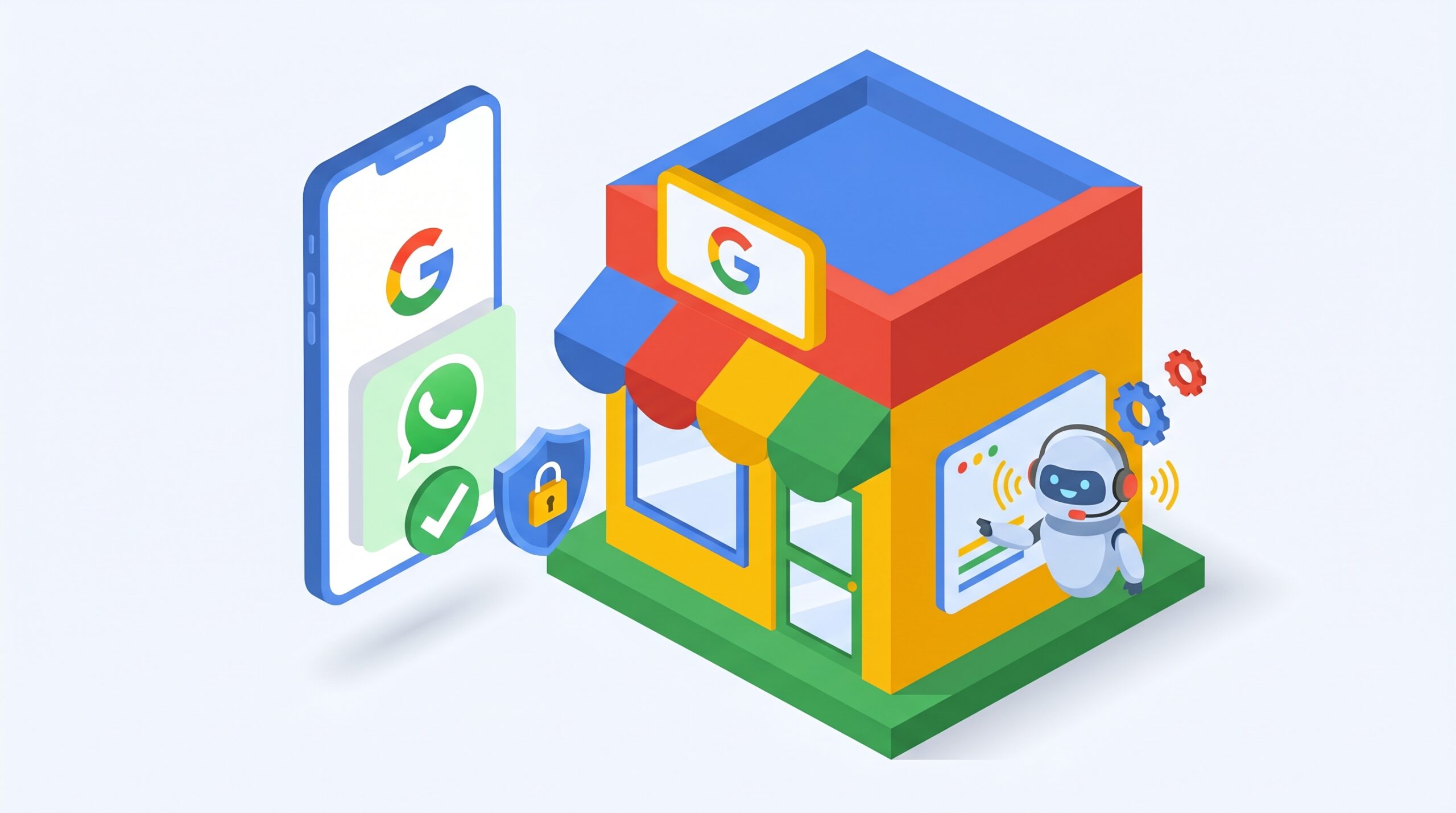 Ilustração isométrica de uma loja do Google Business com um chatbot na vitrine e um celular ao lado mostrando integração segura com o WhatsApp.