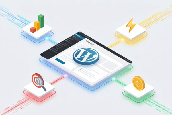 Ilustração isométrica do painel do WordPress conectado a ícones de análise, SEO, velocidade e monetização, representando um ecossistema digital integrado.