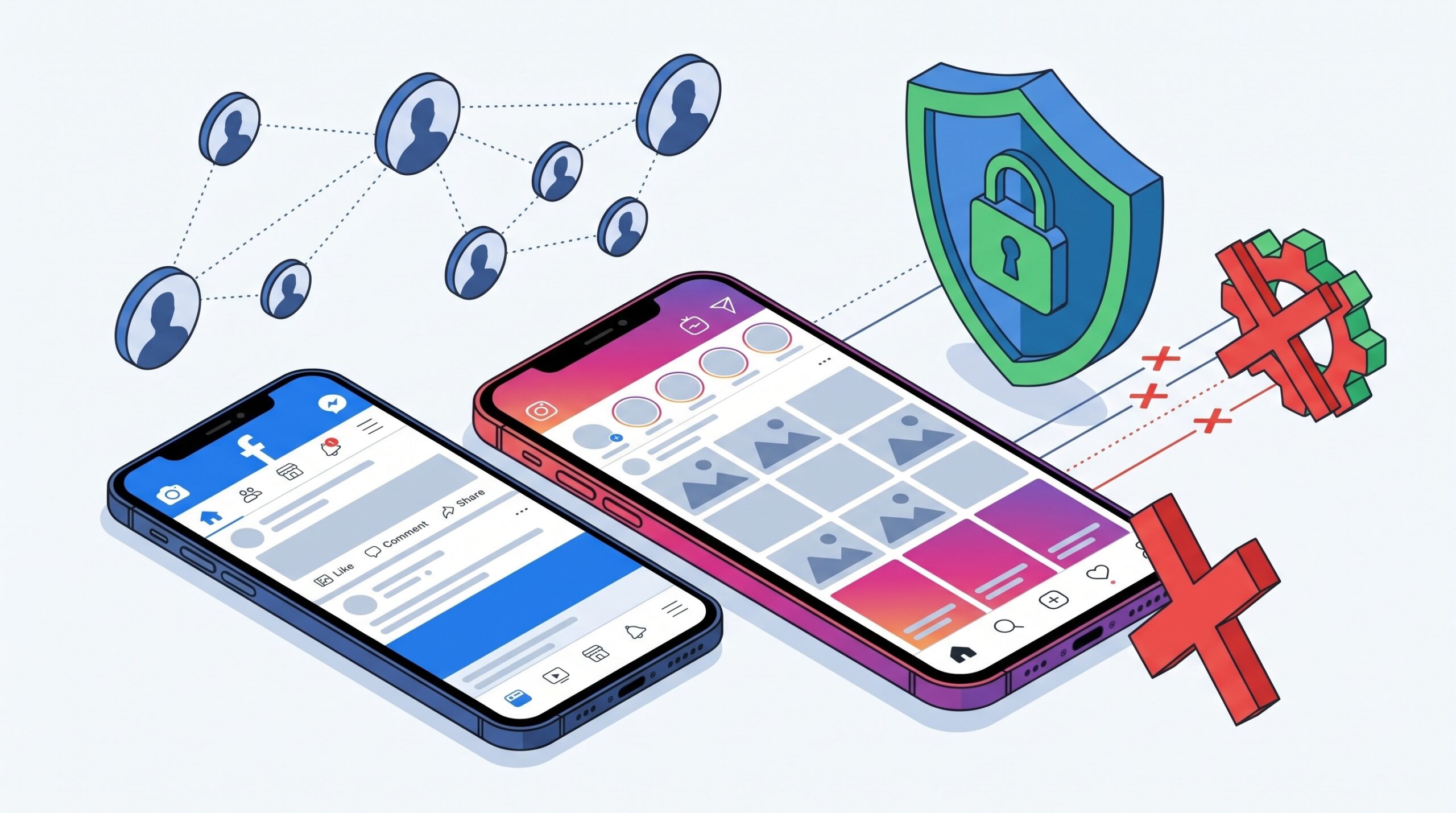 Ilustração de celulares com Facebook e Instagram, ícones de rede, escudo de segurança e bloqueio, simbolizando o controle de privacidade.