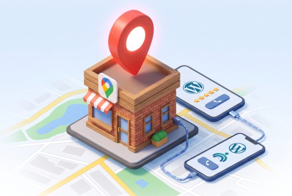 Ilustração de uma loja física sobre um mapa, com um pino do Google Maps no teto. Dois celulares com o logo do WordPress estão conectados à loja por cabos.