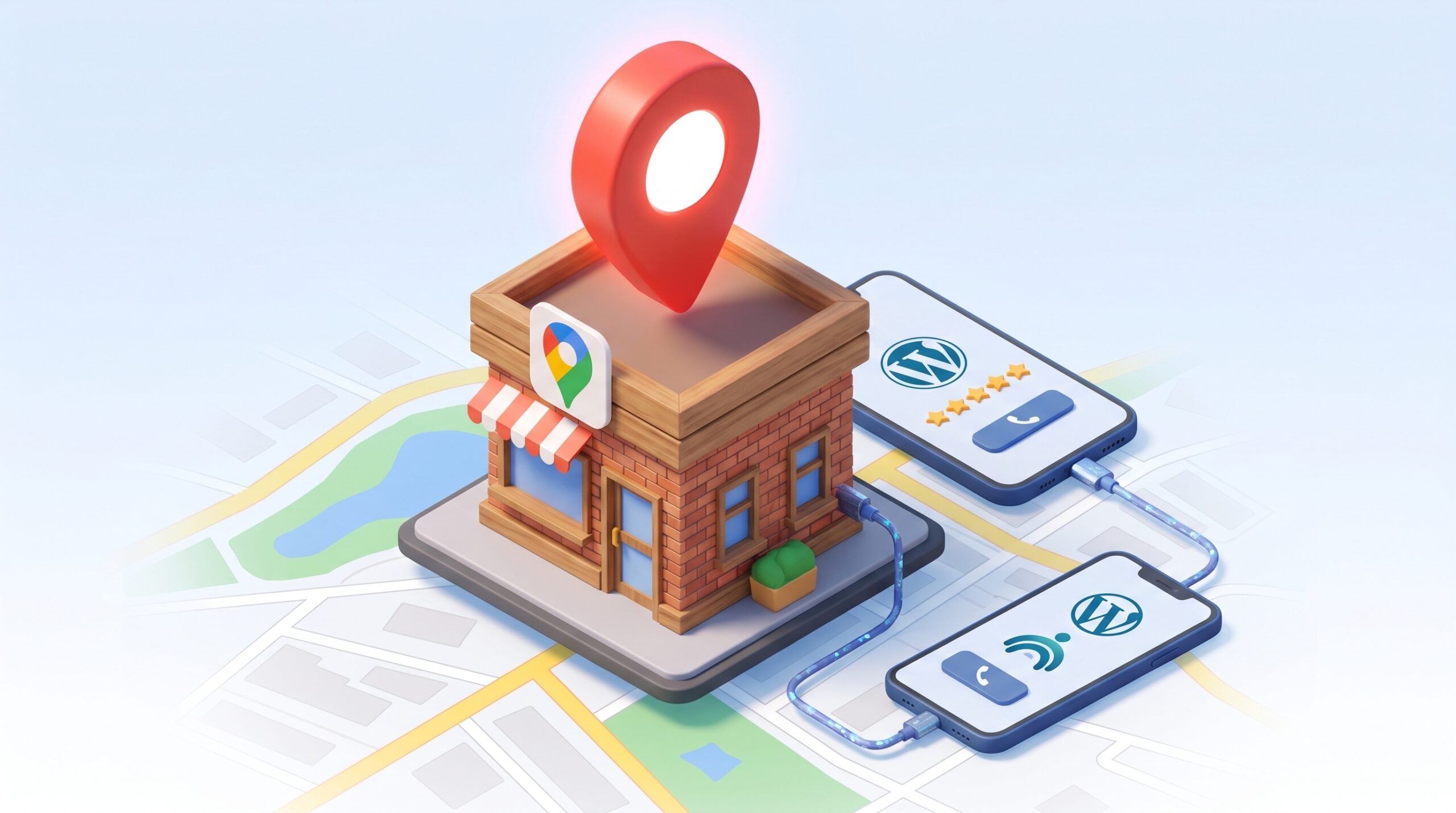 Ilustração de uma loja física sobre um mapa, com um pino do Google Maps no teto. Dois celulares com o logo do WordPress estão conectados à loja por cabos.