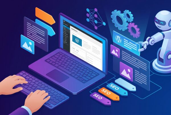 Ilustração isométrica de um robô de IA ajudando a construir um site WordPress, com elementos de SEO, conteúdo e um desenvolvedor digitando.