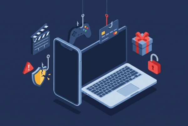 Ilustração isométrica de phishing com laptop e celular. Anzóis seguram um cartão de crédito e um controle de videogame, representando iscas para roubar dados.