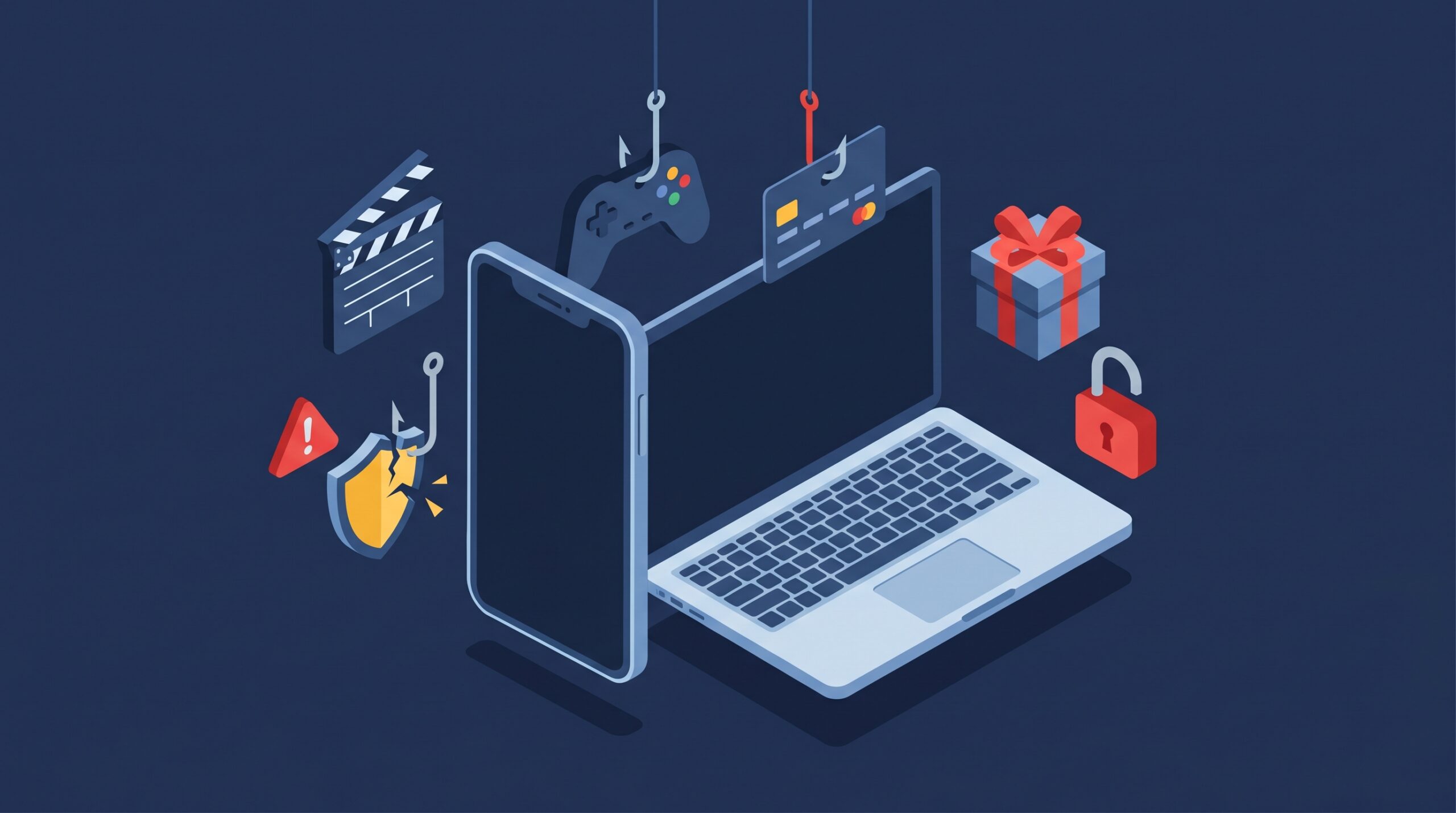 Ilustração isométrica de phishing com laptop e celular. Anzóis seguram um cartão de crédito e um controle de videogame, representando iscas para roubar dados.
