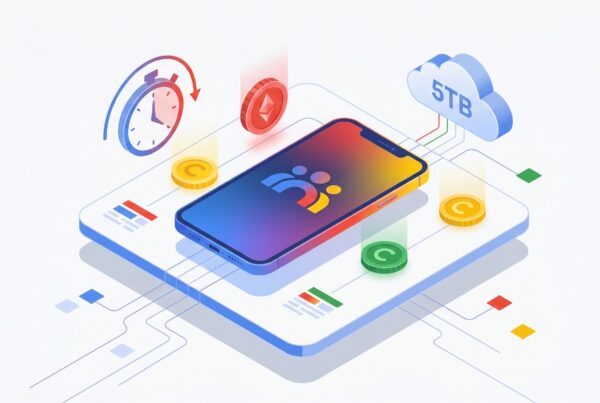 Ilustração isométrica de um smartphone em uma plataforma de dados, cercado por ícones de criptomoedas, um cronômetro e uma nuvem de armazenamento de 5TB.