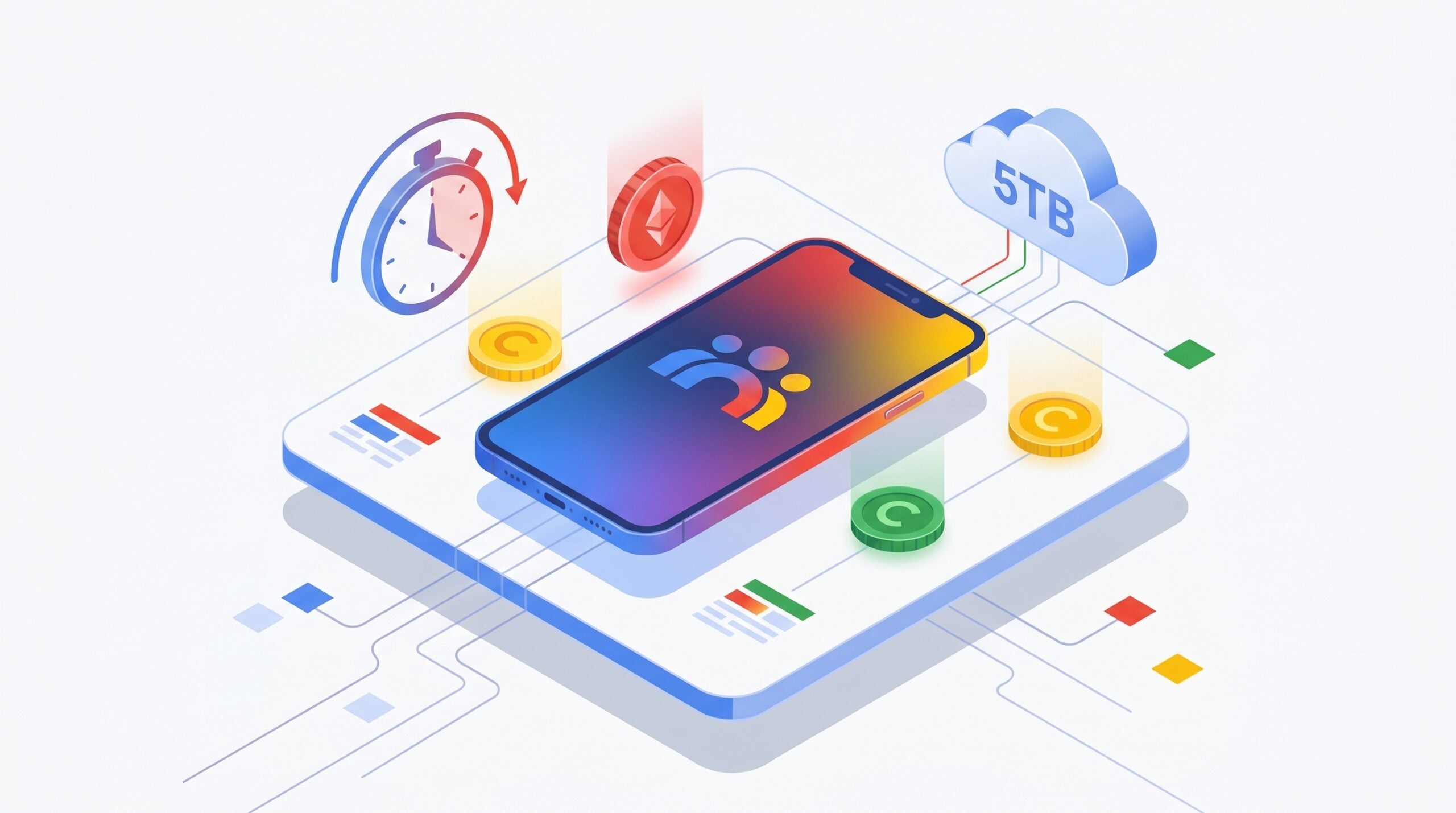 Ilustração isométrica de um smartphone em uma plataforma de dados, cercado por ícones de criptomoedas, um cronômetro e uma nuvem de armazenamento de 5TB.