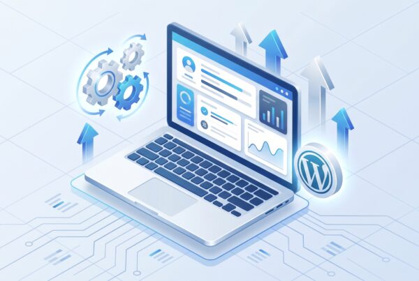 Laptop com painel de análise de dados, ícone do WordPress e engrenagens, representando a otimização e gerenciamento de sites na plataforma.